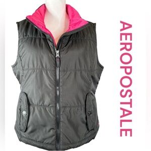 AEROPOSTALE Zip Front Black Vest w/Pockets, Hot Pink Interior, Size XL.